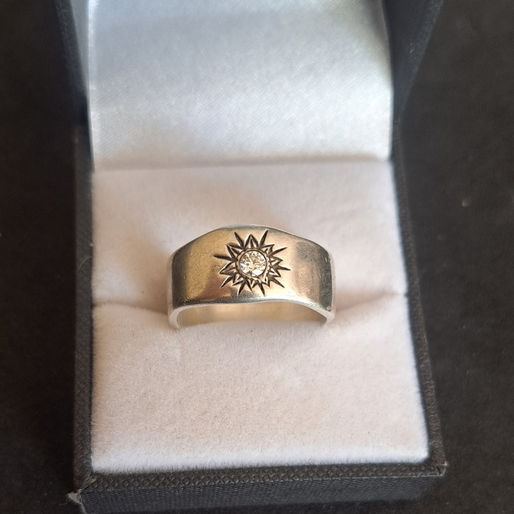 *SOLD*Custom Made Natural Diamond Starburst Ring Solid Sterling Silver-UNISEX